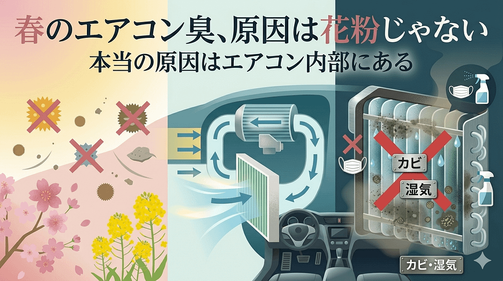 春に車のエアコンが臭いのはなぜ? 1 車のエアコンが春に臭う原因は花粉ではなくエバポレーター内部のカビであることを示す図