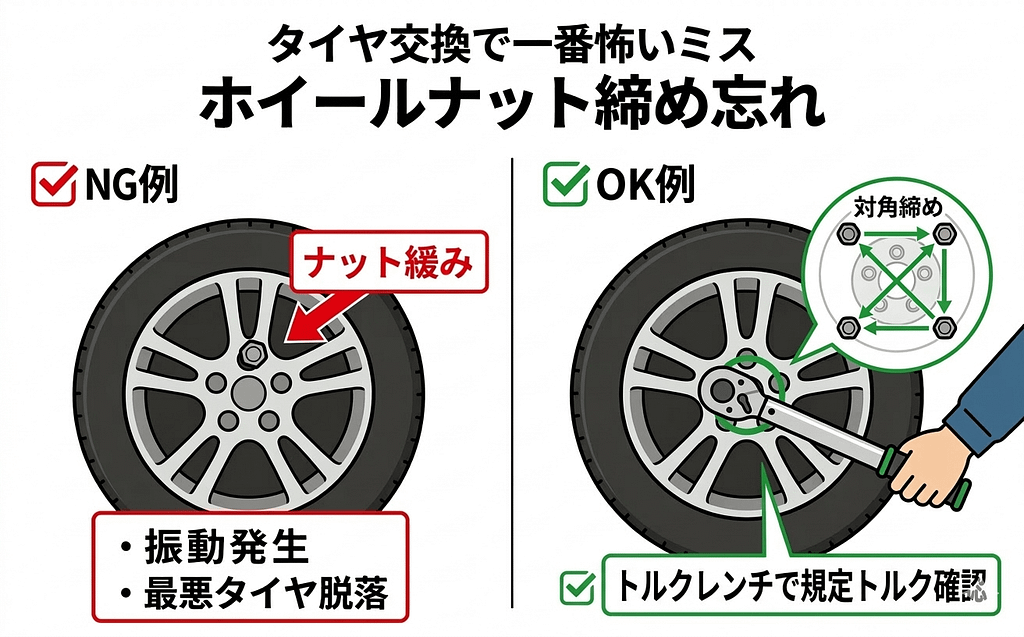 春のタイヤ交換の裏側|元工場長が見てきた黒歴史とヤバい客 3 タイヤ交換時のホイールナット締め忘れとトルクレンチ確認の比較図