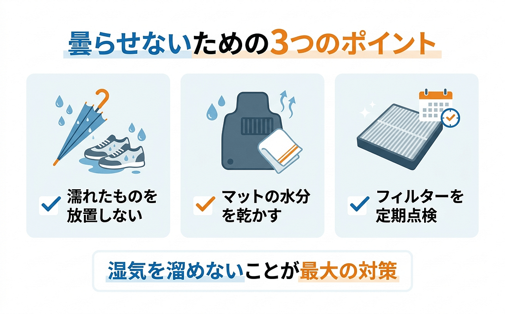 車のガラスが曇る原因と対処法【梅雨・気温差で起きる理由】 7 車のガラスが曇る原因を防ぐ対策(湿気対策・マット乾燥・フィルター点検)