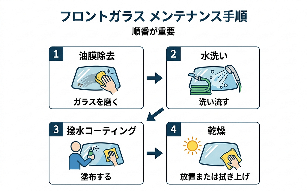 雨の日に車の前が見えにくい原因、ほぼこれです 4 フロントガラスの油膜除去から撥水コーティングまでの正しい手順を示したフロー図
