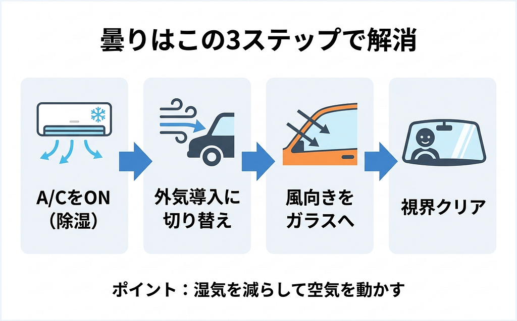 車のガラスが曇る原因と対処法【梅雨・気温差で起きる理由】 3 車のガラスの曇りを取る正しい手順フロー