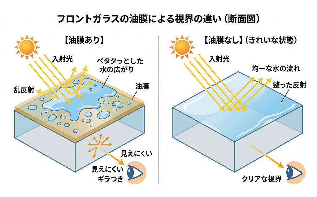 雨の日に車の前が見えにくい原因、ほぼこれです 2 雨の日にフロントガラスの油膜ありとなしで視界と光の反射がどう変わるかを比較した図解