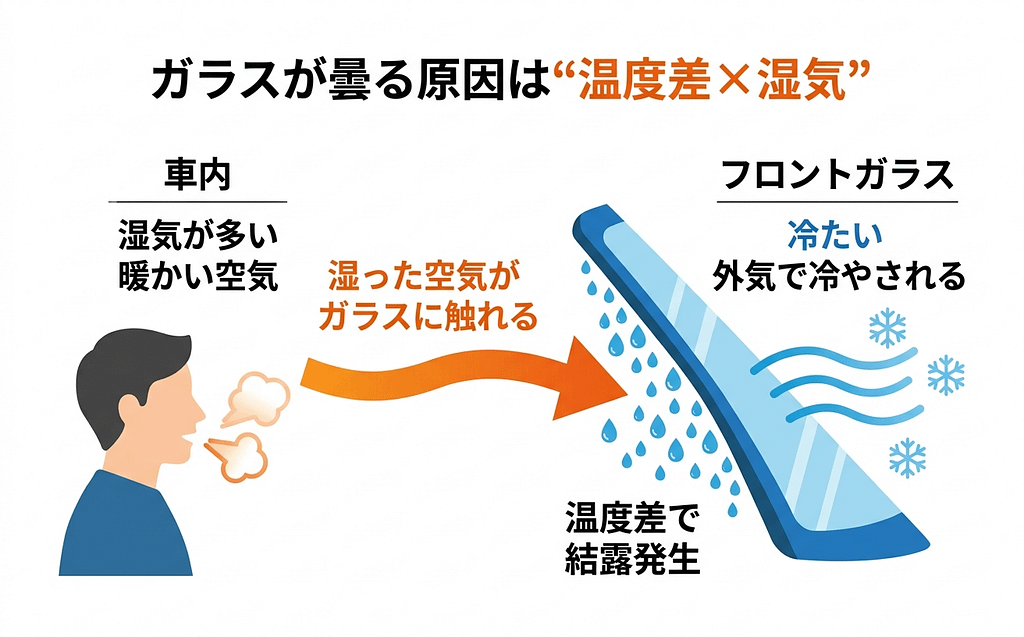 車のガラスが曇る原因と対処法【梅雨・気温差で起きる理由】 2 車のガラスが曇る結露の仕組みを解説した図