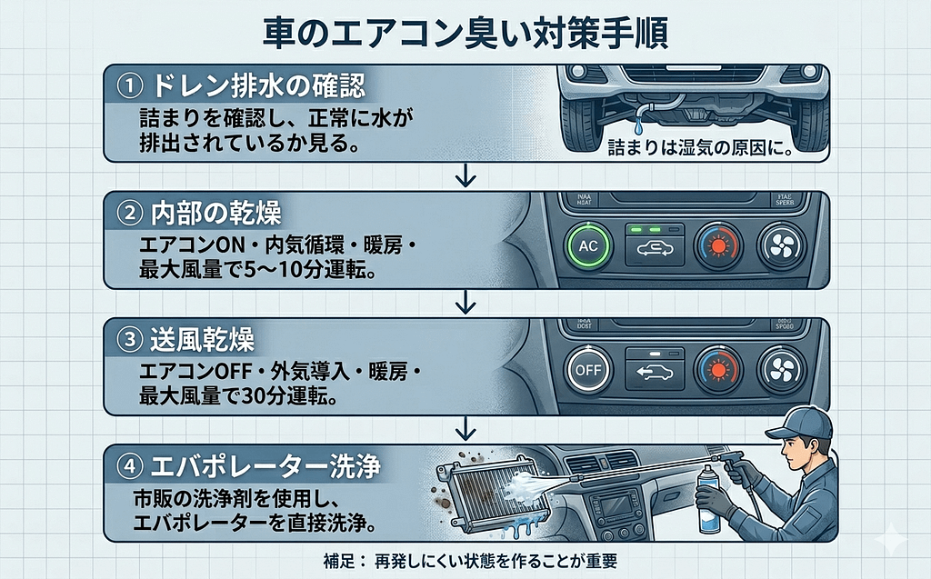 春に車のエアコンが臭いのはなぜ? 4 車のエアコンの臭い対策として行う整備手順の流れ(ドレン確認・乾燥・送風・洗浄)