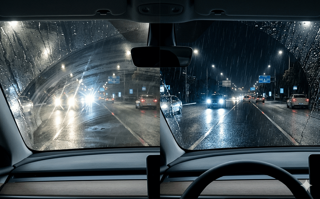 雨の日に車の前が見えにくい原因、ほぼこれです 3 雨の日の運転で油膜ありとなしのフロントガラスの視界の違いを比較した画像