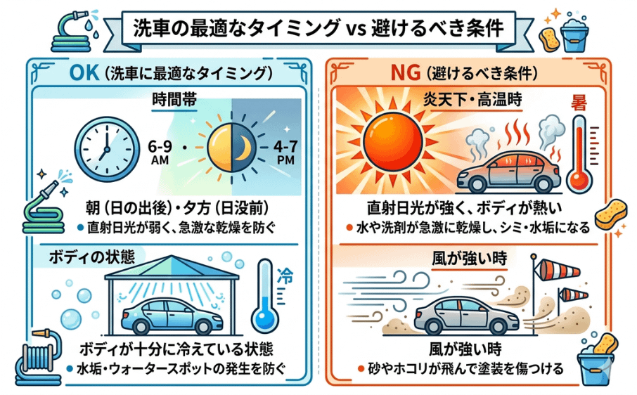 その汚れ、花粉かも?車がベタベタになる原因と正しい洗車方法 7 洗車に適した時間帯と避けるべき条件の比較図
